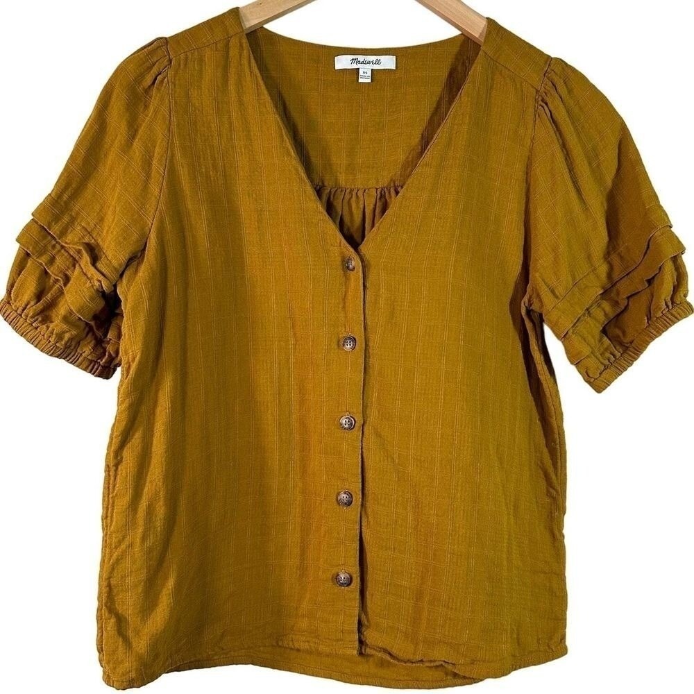 Madewell Mustard Yellow 100% Cotton Tiered Ruffle Puff Sleeve V-Neck Top XS NWOT